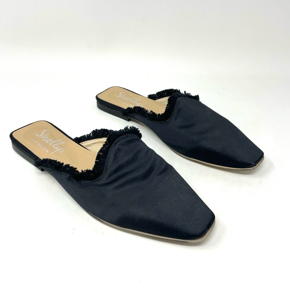 Shellys London Fringe Trim Blunt Toe Slip On Black Fabric Mules Size 37/7 - Picture 2 of 10